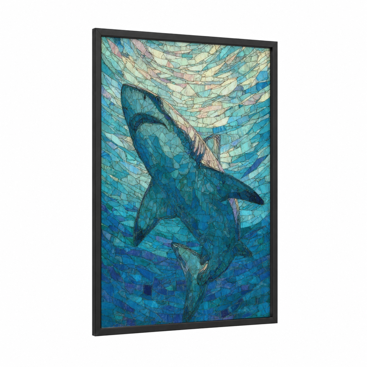 Azure Bull Shark framed art print — black wood frame — turquoise and blue palette