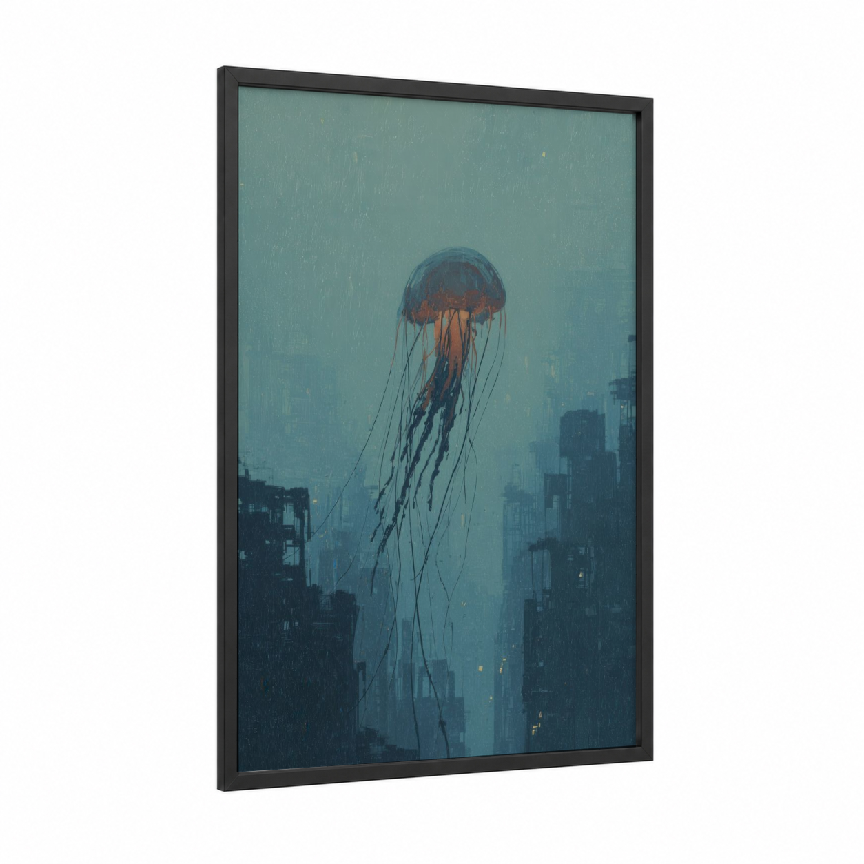 Crimson Jellyfish framed art print — black wood frame — teal and gray palette