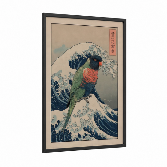Wave Lorikeet framed rainbow lorikeet print — black wood frame — blue and cream palette