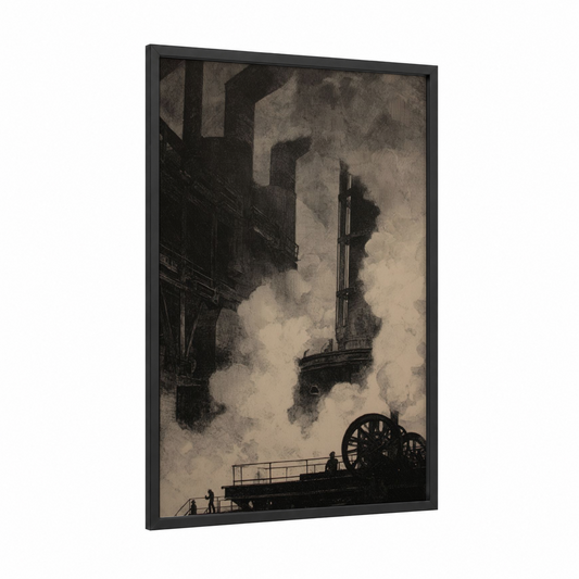Smokestack Industrial framed factory print — black wood frame — black and white and gray palette