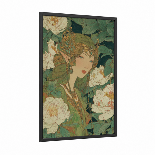 Golden Elf framed art print — black wood frame — gold and dark green palette