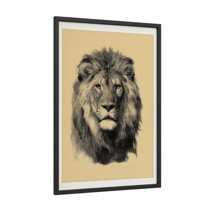 Majestic Lion Portrait framed art print — black wood frame — cream and black and white palette