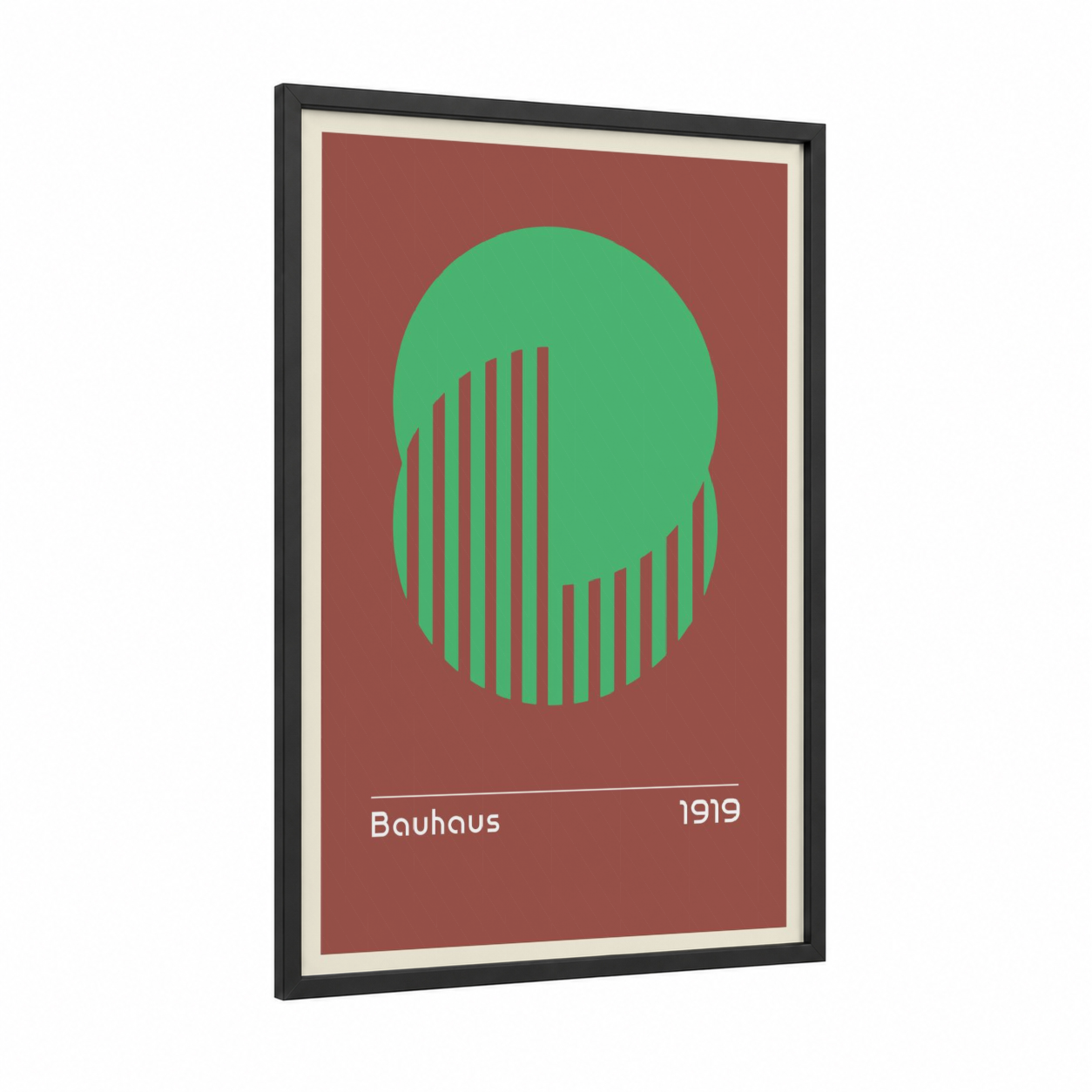 Bauhaus Portrait framed abstract geometric print — black wood frame — light green and russet palette