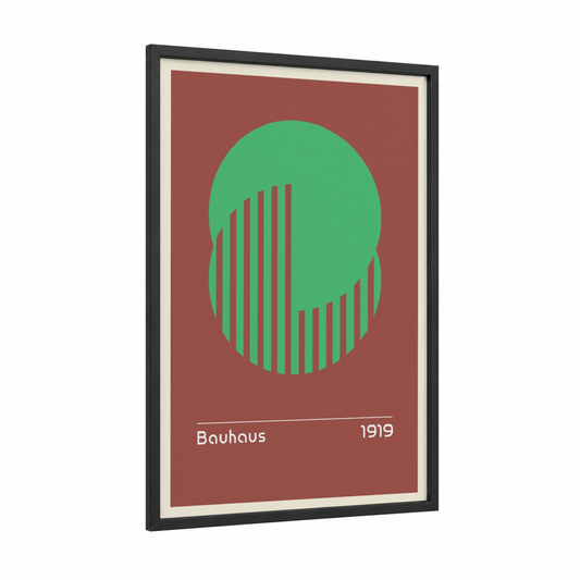 Bauhaus Portrait framed abstract geometric print — black wood frame — light green and russet palette