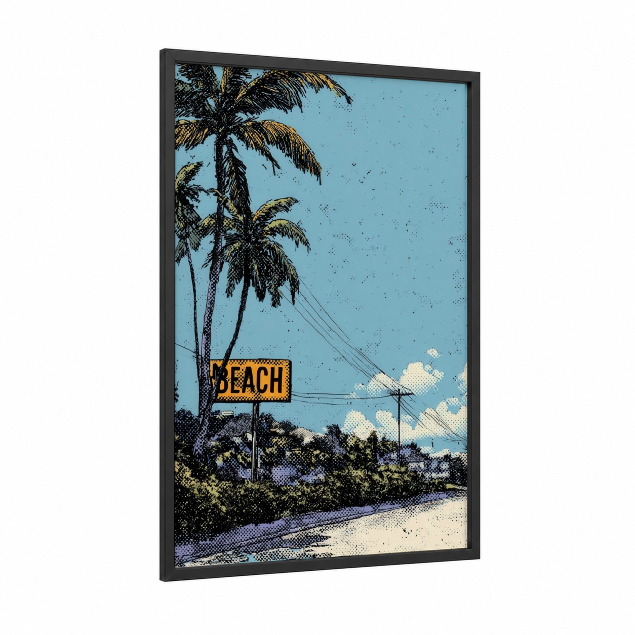 Retro Beach Town framed art print — black wood frame — blue and gold palette