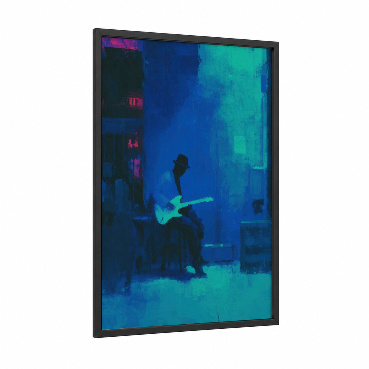 Neon Blues Musician framed art print — black wood frame — blue and teal palette