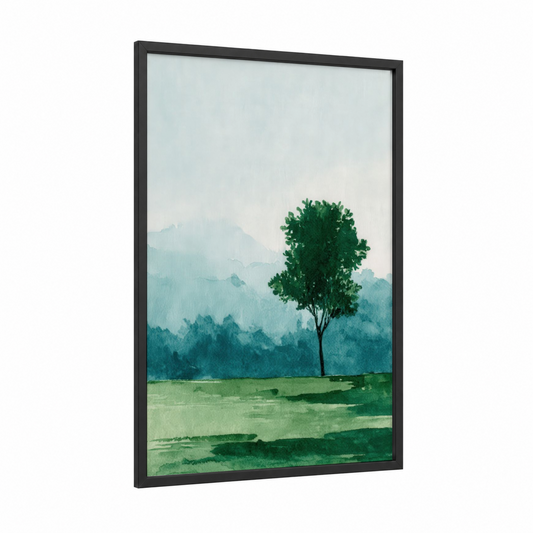 Misty Valley Tree framed fruit trees print — black wood frame — light green and blue palette