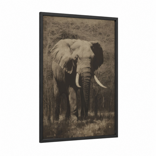 Savanna Elephant Portrait framed art print — black wood frame — champagne gold and dove gray palette
