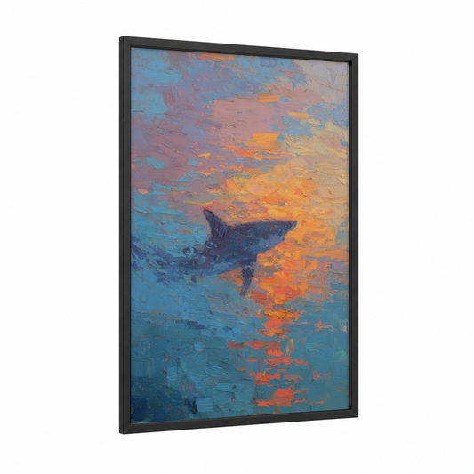 Sunset Basking Shark framed art print — black wood frame — blue and gold palette