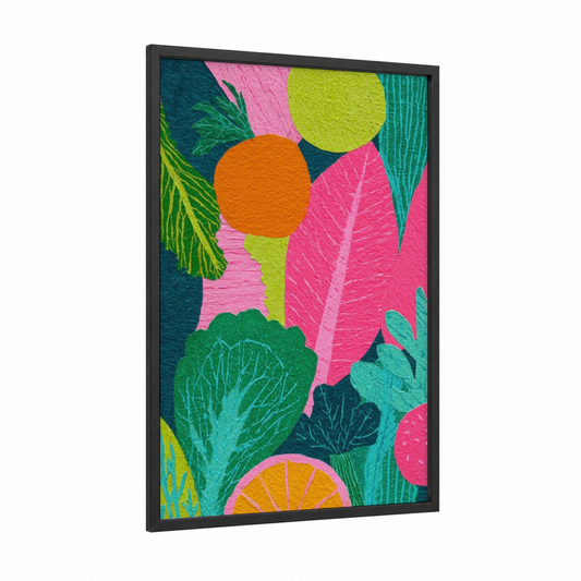 Vibrant Salad Garden framed art print — black wood frame — magenta and lime green palette