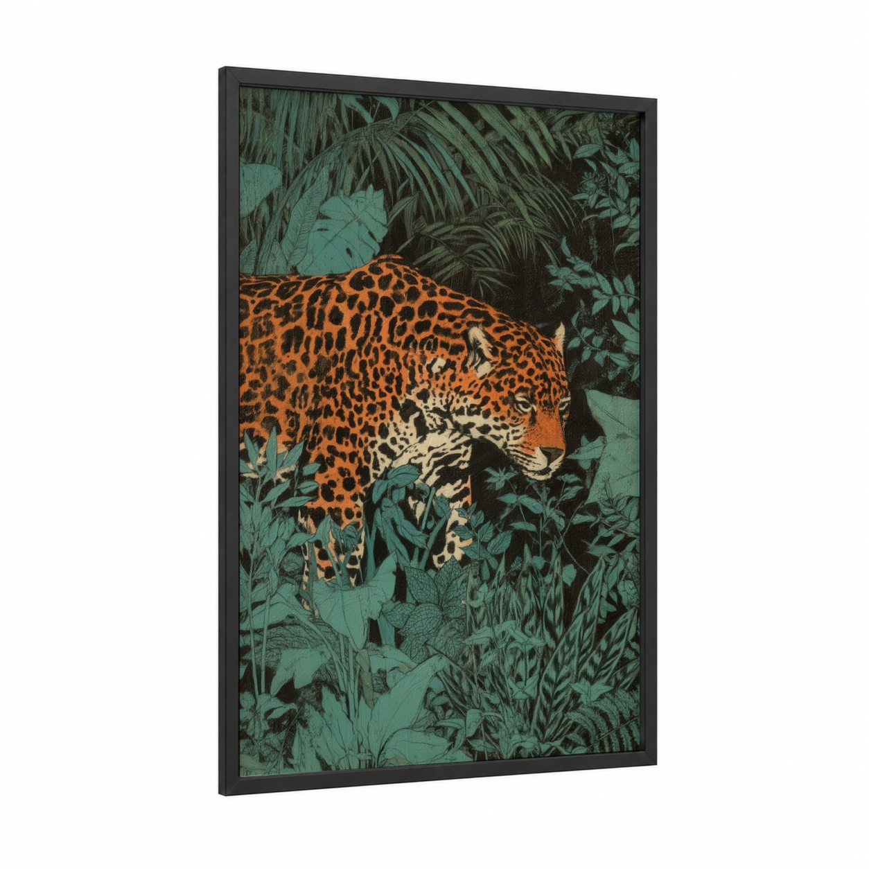 Jungle Jaguar framed art print — black wood frame — orange and teal palette