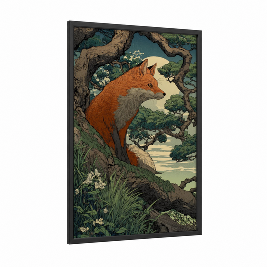 Woodland Fox Portrait framed art print — black wood frame — russet and true green palette