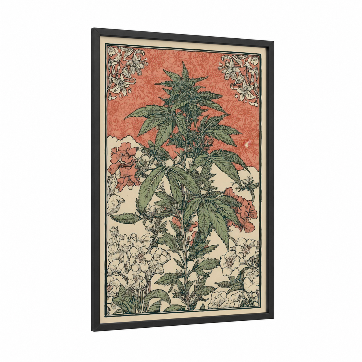 Cannabis Botanical framed art print — black wood frame — peach and sage green palette