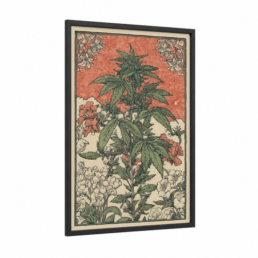 Cannabis Botanical framed art print — black wood frame — peach and sage green palette