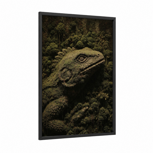 Moss-Covered Lizard framed art print — black wood frame — dark green and olive palette