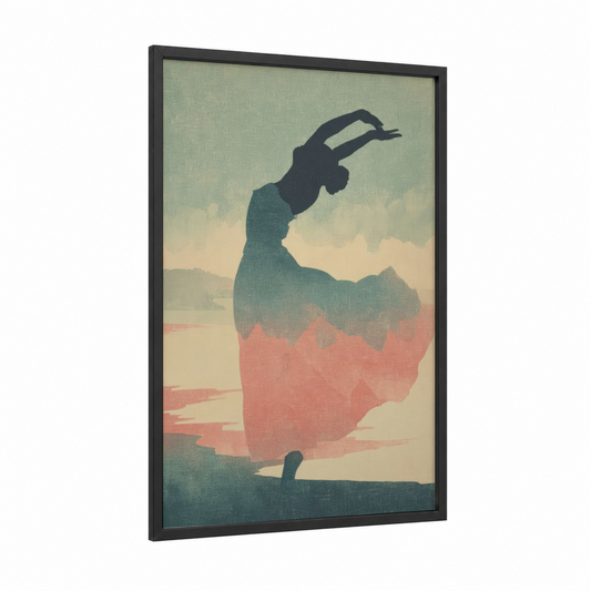 Tropical Dancer Silhouette framed hula print — black wood frame — teal and salmon pink palette