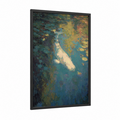 Luminous Sperm Whale framed art print — black wood frame — teal and gold palette