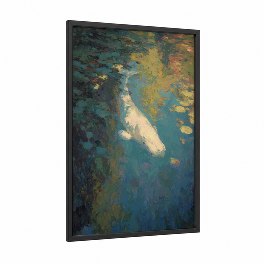Luminous Sperm Whale framed art print — black wood frame — teal and gold palette