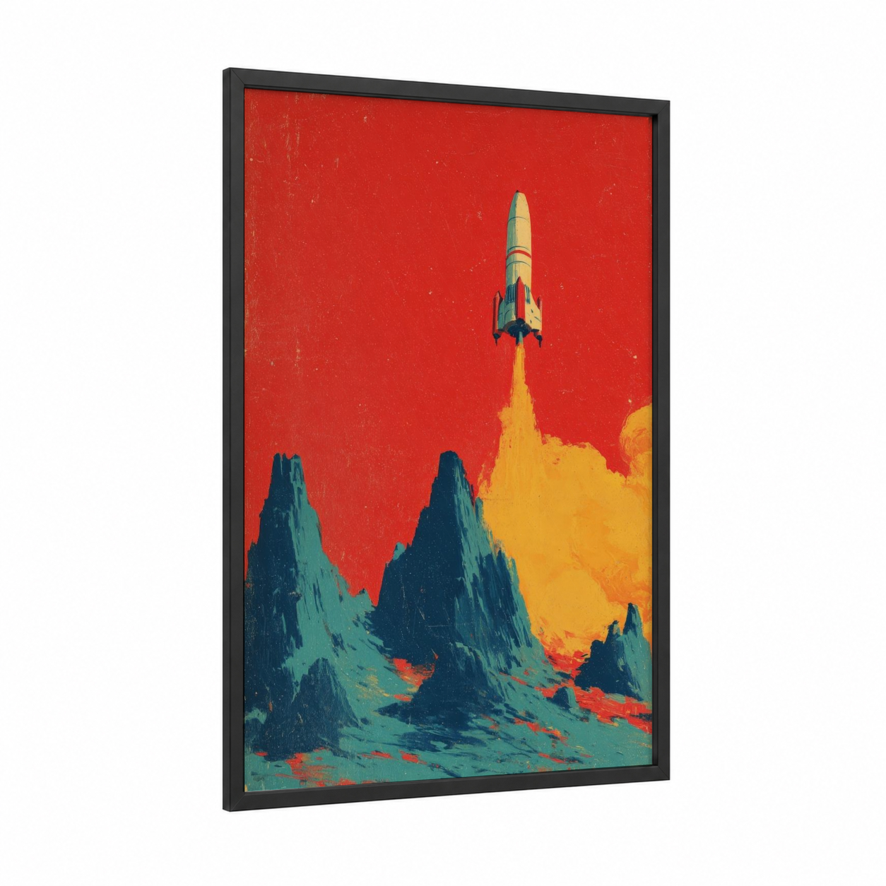Crimson Liftoff framed astroids and comets print — black wood frame — red and yellow gold palette