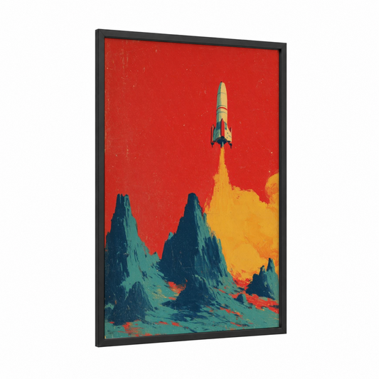 Crimson Liftoff framed astroids and comets print — black wood frame — red and yellow gold palette