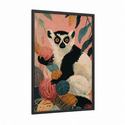 Curious Lemur framed art print — black wood frame — peach and teal palette