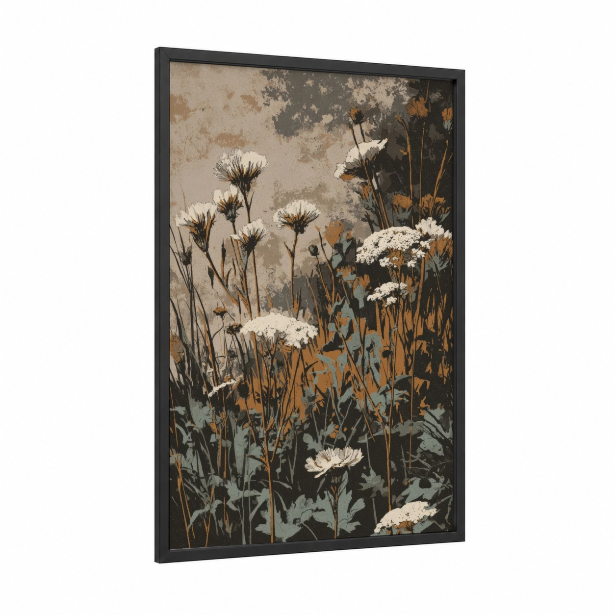 Botanical Herbs Study framed art print — black wood frame — beige and gray palette