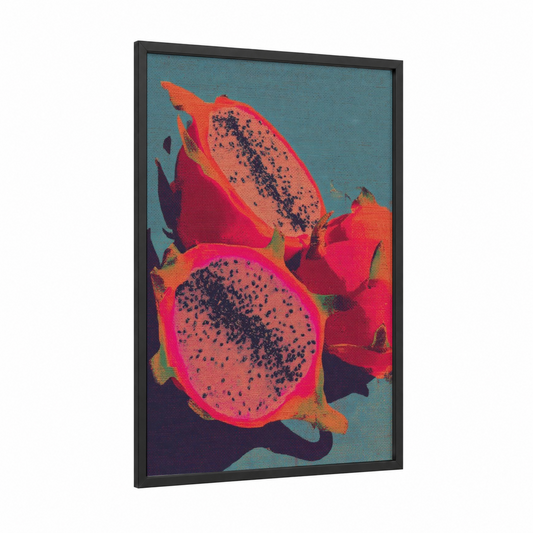 Dragon Fruit Vibrant framed art print — black wood frame — blue and gold and magenta palette