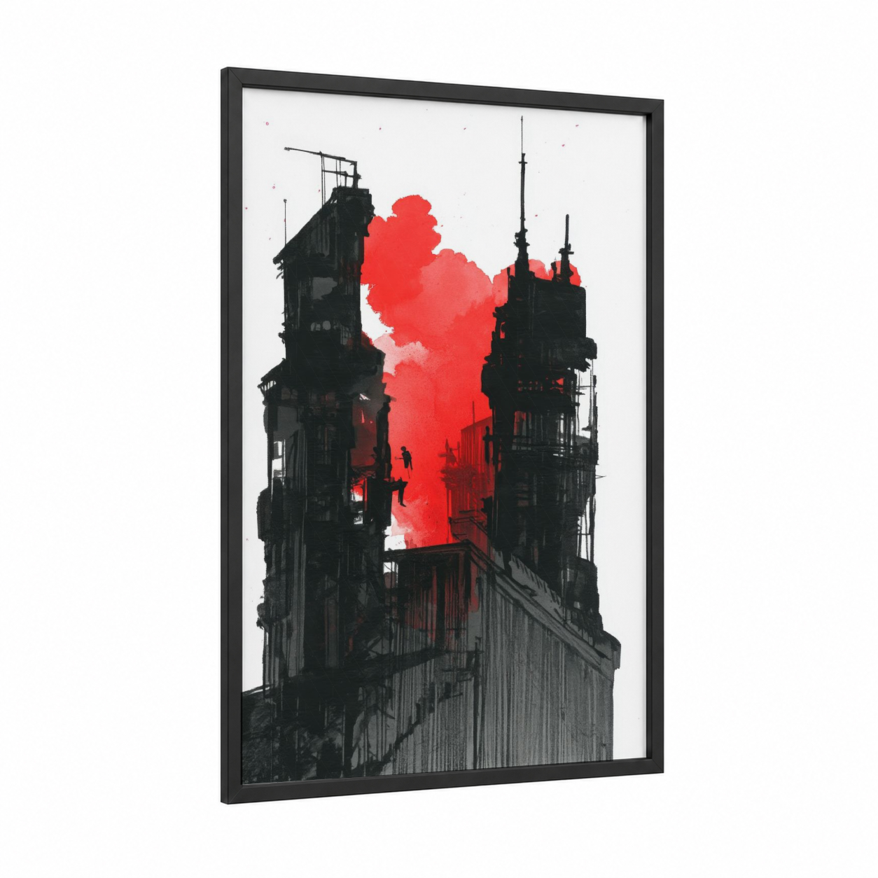 Industrial Crimson framed abstract architecture print — black wood frame — black and red and red palette