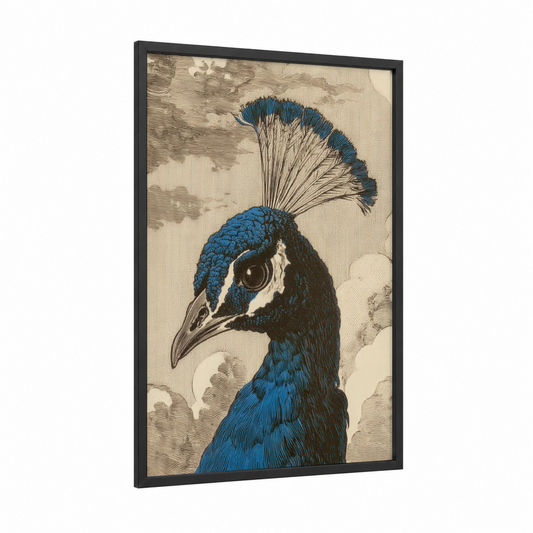 Regal Peacock Profile framed art print — black wood frame — blue and cream palette