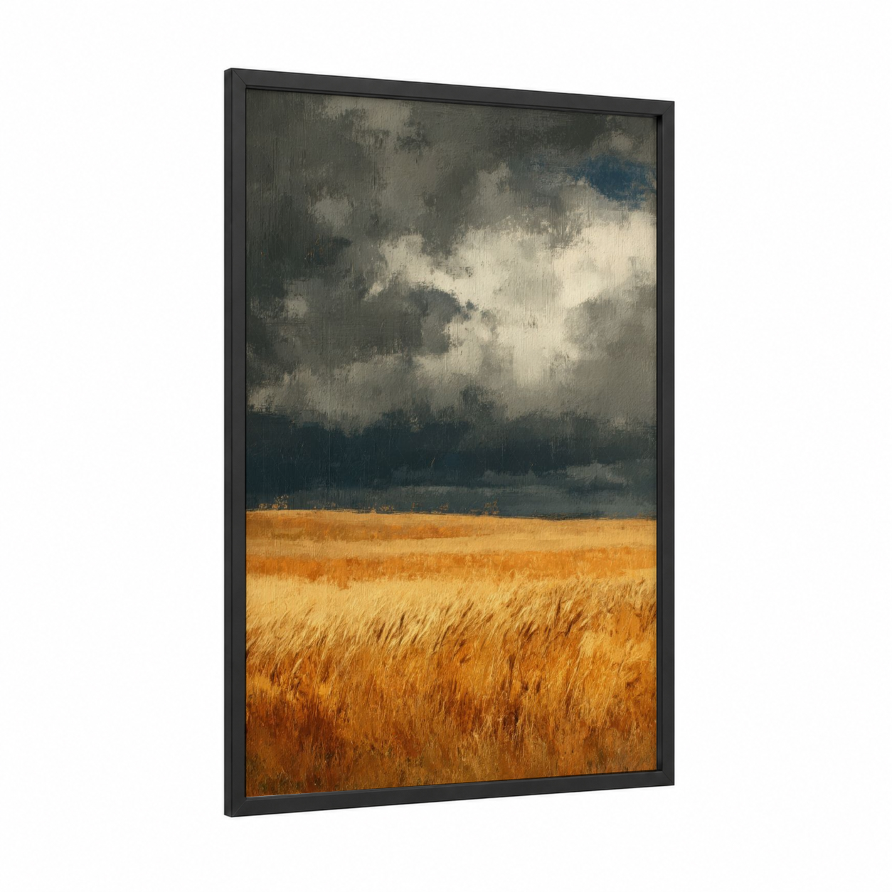 Storm Over Wheat framed art print — black wood frame — gold and gray palette
