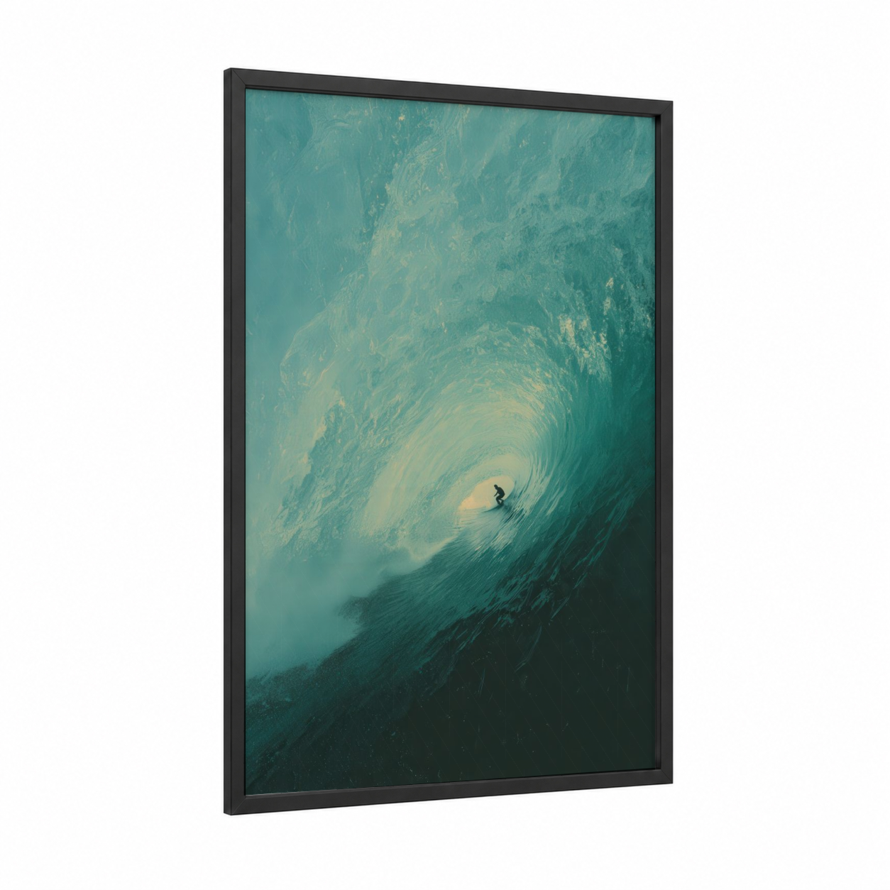 Barrel Surfer framed water surfing print — black wood frame — turquoise and gold palette