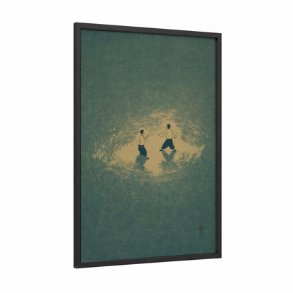 Whirlwind Duel framed kung fu print — black wood frame — teal and gold palette