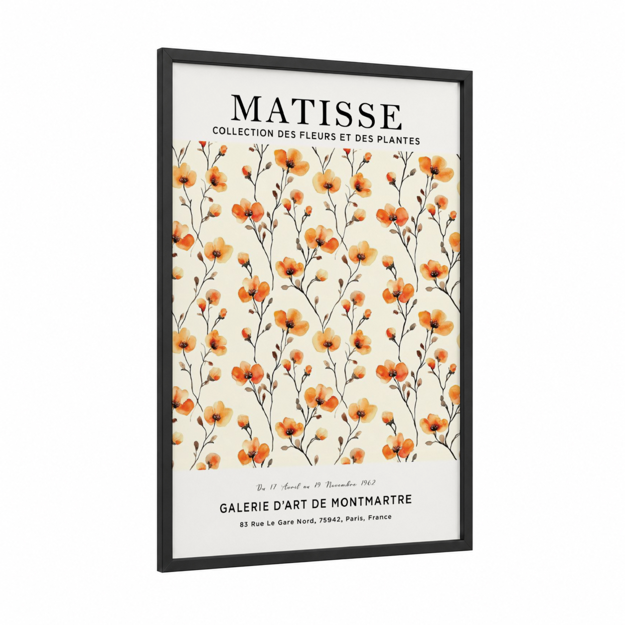 Orange Matisse Florals framed abstract flower print — black wood frame — orange and cream palette