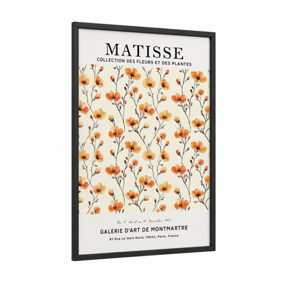 Orange Matisse Florals framed abstract flower print — black wood frame — orange and cream palette