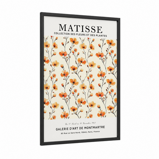 Orange Matisse Florals framed abstract flower print — black wood frame — orange and cream palette