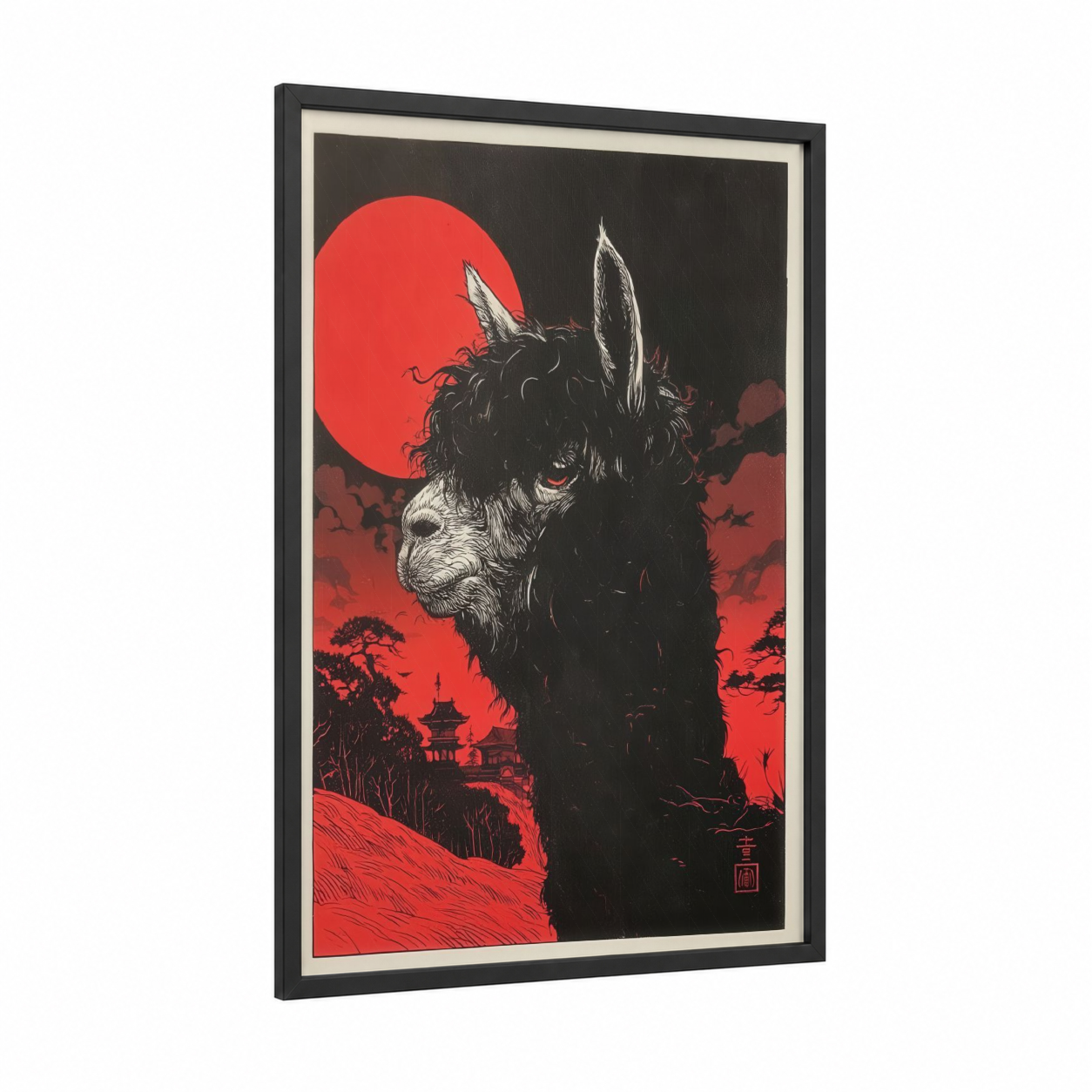 Crimson Alpaca framed art print — black wood frame — black and red and white palette