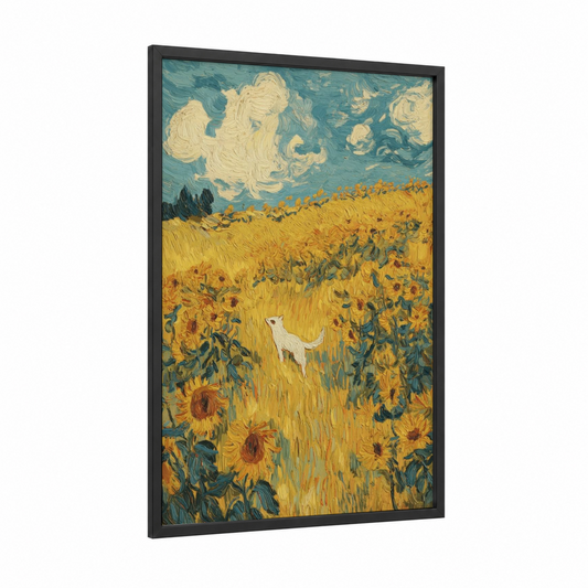 Sunflower Weasel framed art print — black wood frame — yellow gold and teal palette