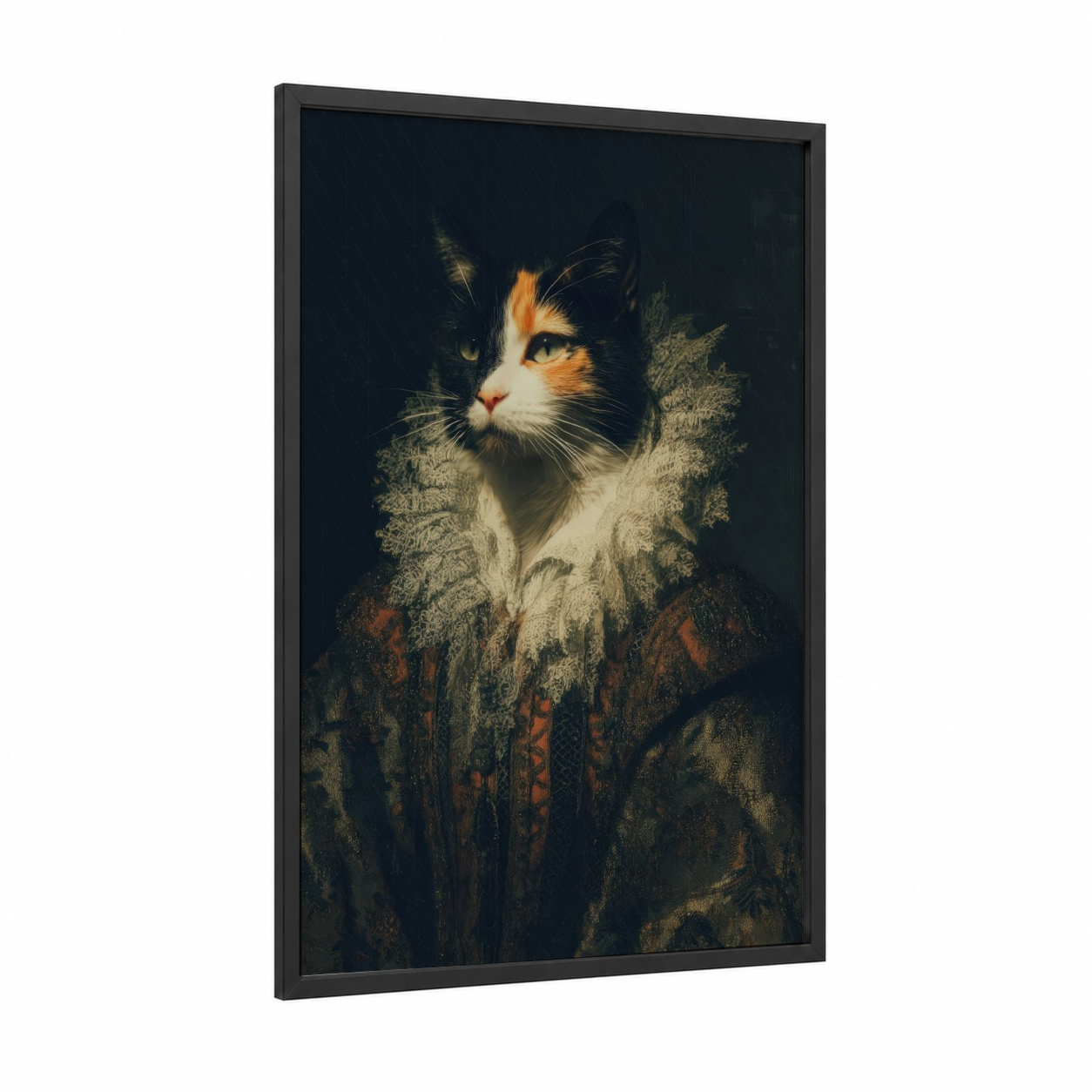 Calico Dream Cat framed art print — black wood frame — gold and black palette