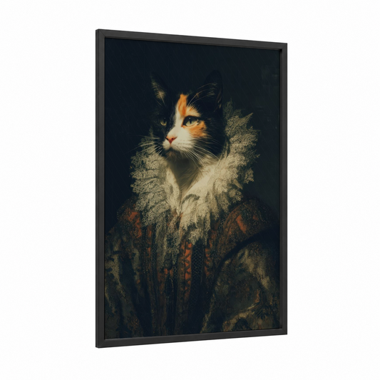 Calico Dream Cat framed art print — black wood frame — gold and black palette