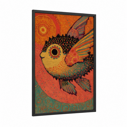 Golden Puffer Fish framed art print — black wood frame — orange and teal palette
