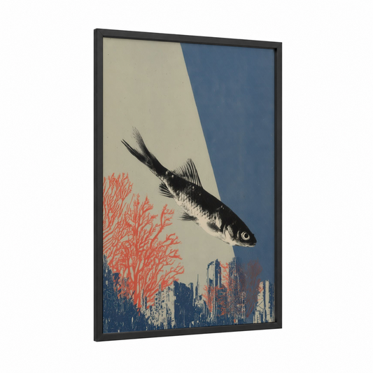 Urban Zebrafish framed art print — black wood frame — blue and white and red palette