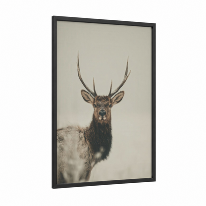 Majestic Elk Portrait framed art print — black wood frame — beige and dove gray palette