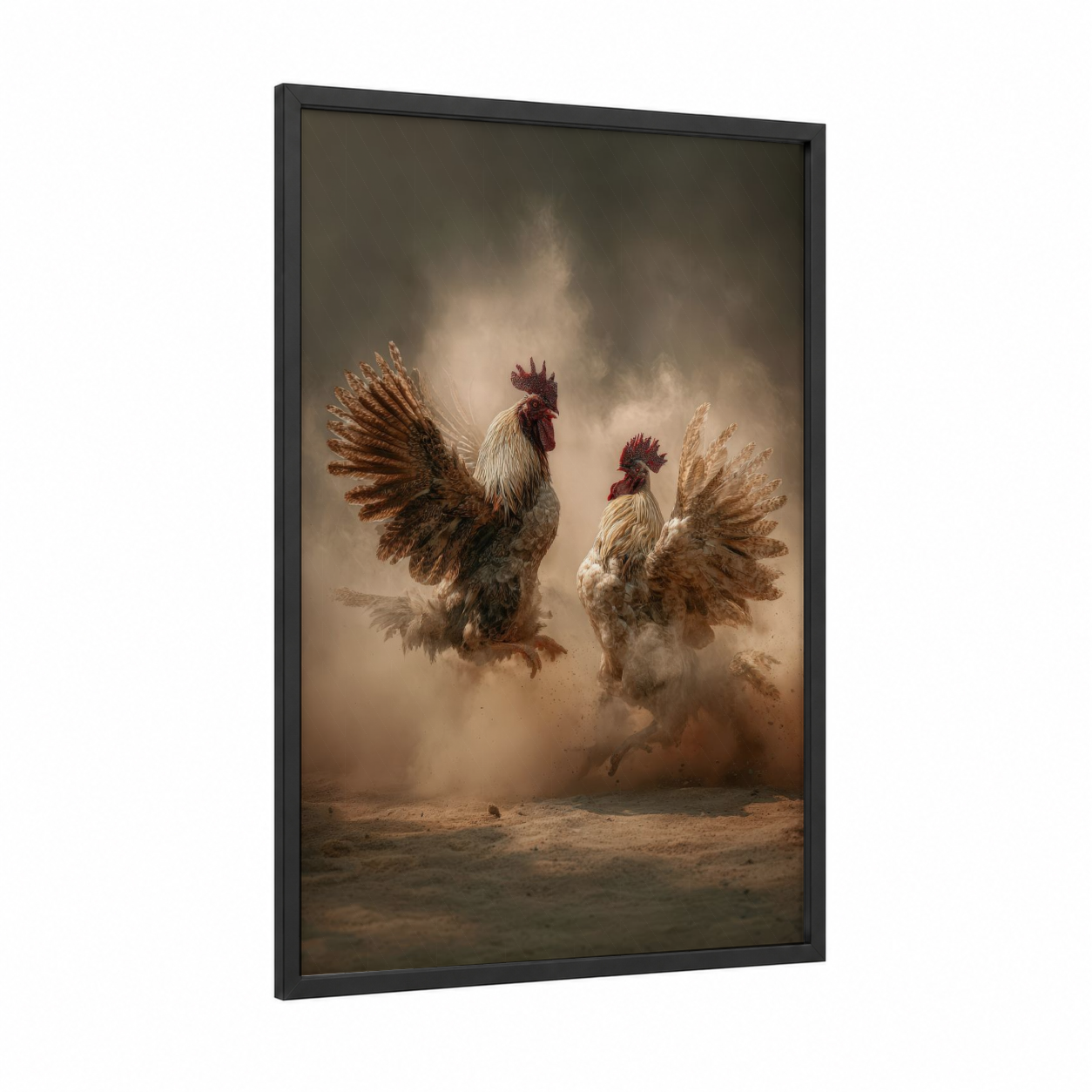 Dusty Rooster Pair framed chicken and roosters print — black wood frame — brown and cream palette