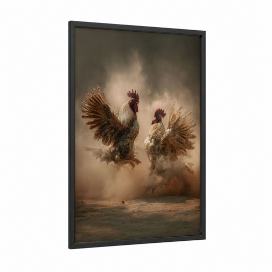 Dusty Rooster Pair framed chicken and roosters print — black wood frame — brown and cream palette