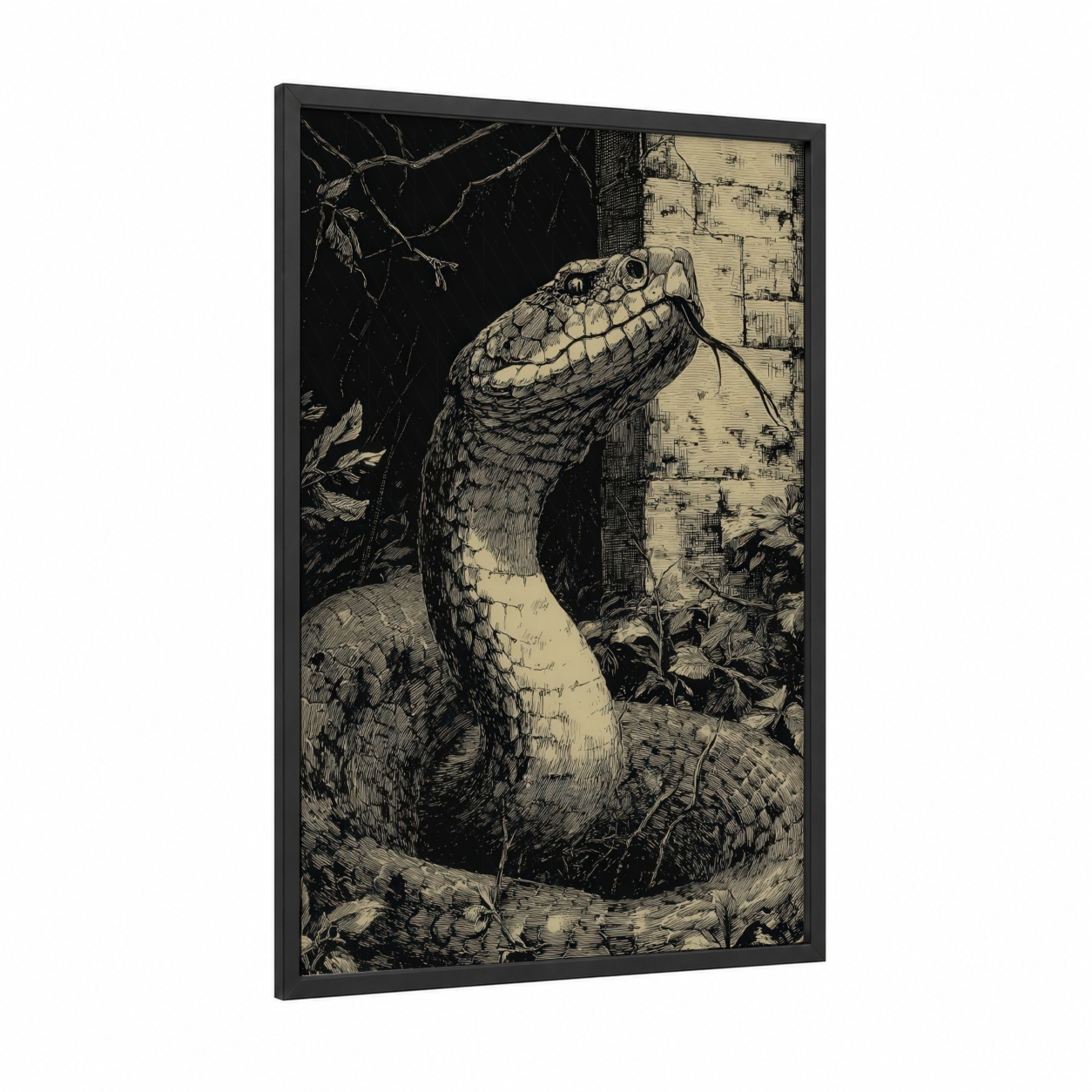 Vigilant Rattlesnake framed art print — black wood frame — black and white and cream palette