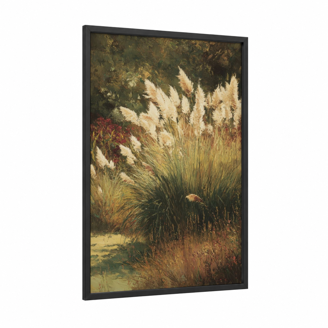 Feathery Marsh Garden framed grass print — black wood frame — dark green and russet palette