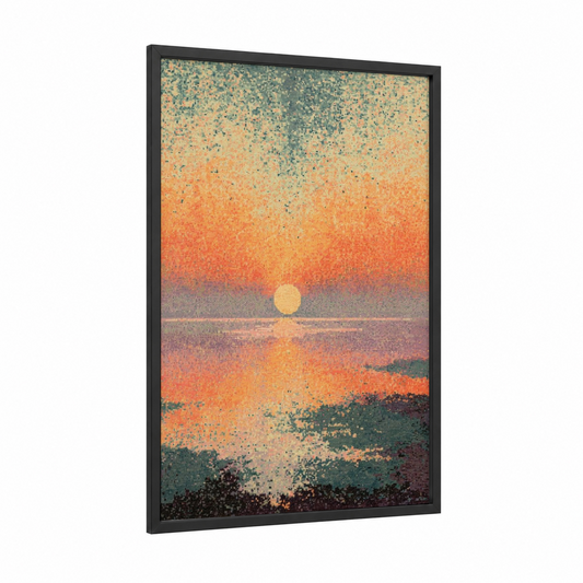 Pixelated Sunset framed sandy beach print — black wood frame — orange and gold palette