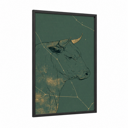 Golden Taurus framed art print — black wood frame — sage green and gold palette
