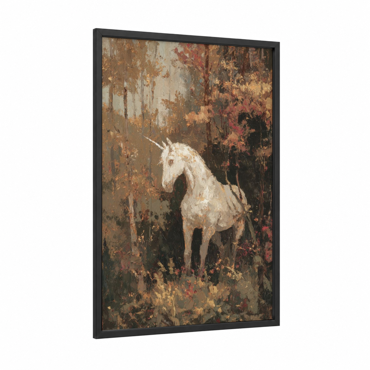 Ethereal Unicorn framed unicorns print — black wood frame — cream and russet palette