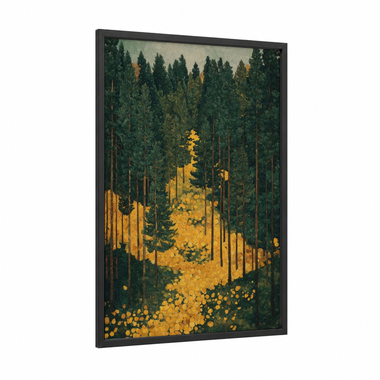 Golden Pine Forest framed art print — black wood frame — dark green and yellow gold palette